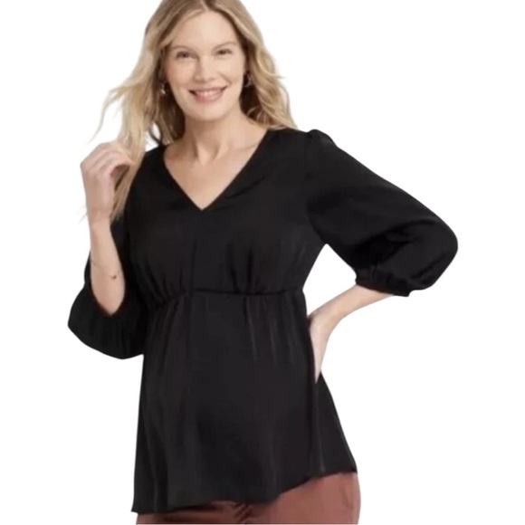 Isabel Ingrid Maternity Top XS Black Blouse Elbow Sleeve Back Cut Out Shirt - Picture 1 of 8